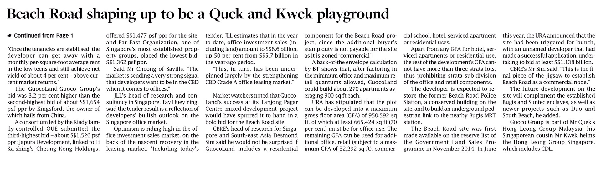 Beach Road Commercial Site Bids $1.622 billion 